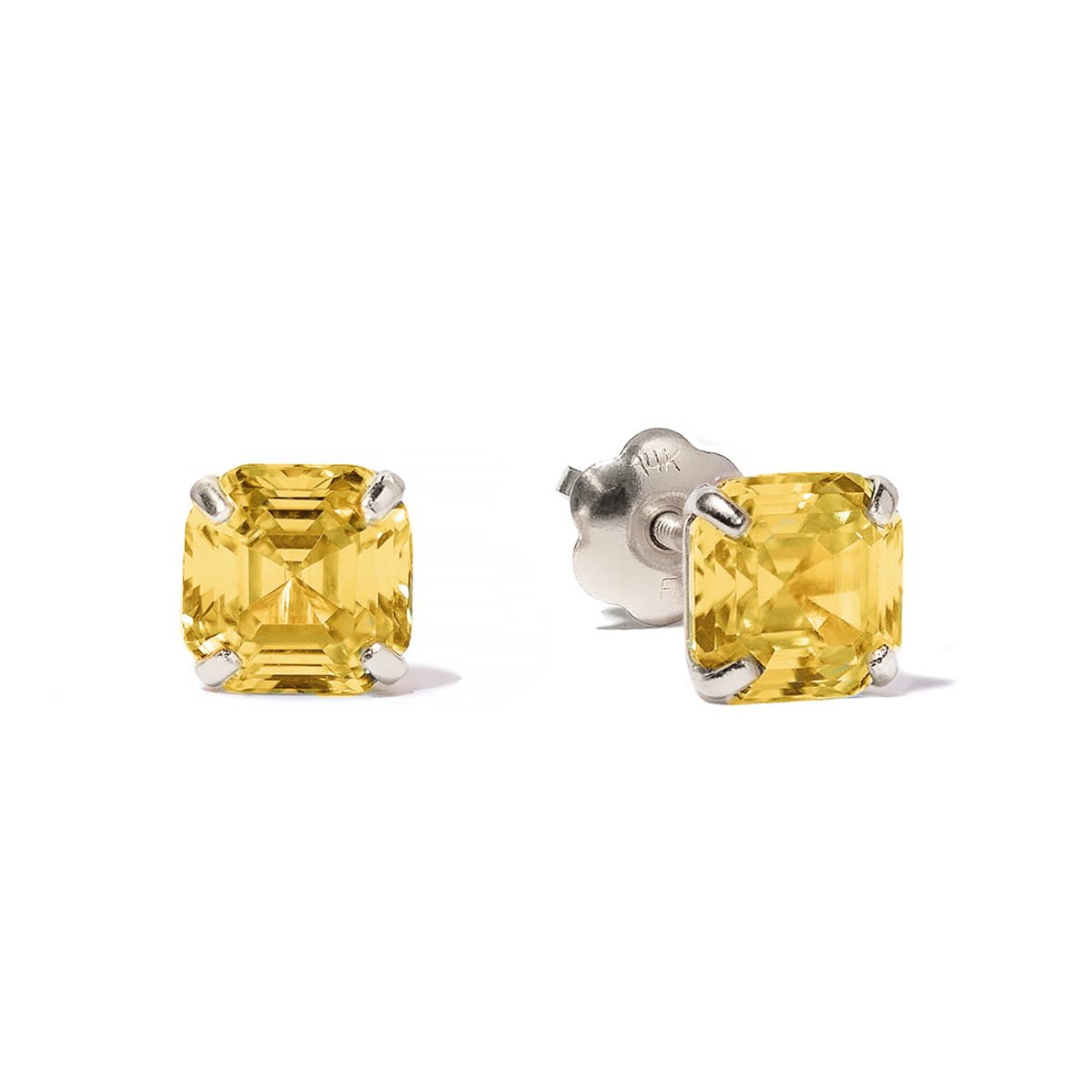 14K white gold Asscher-cut citrine studs with yellow stones, shown front and back on a white background