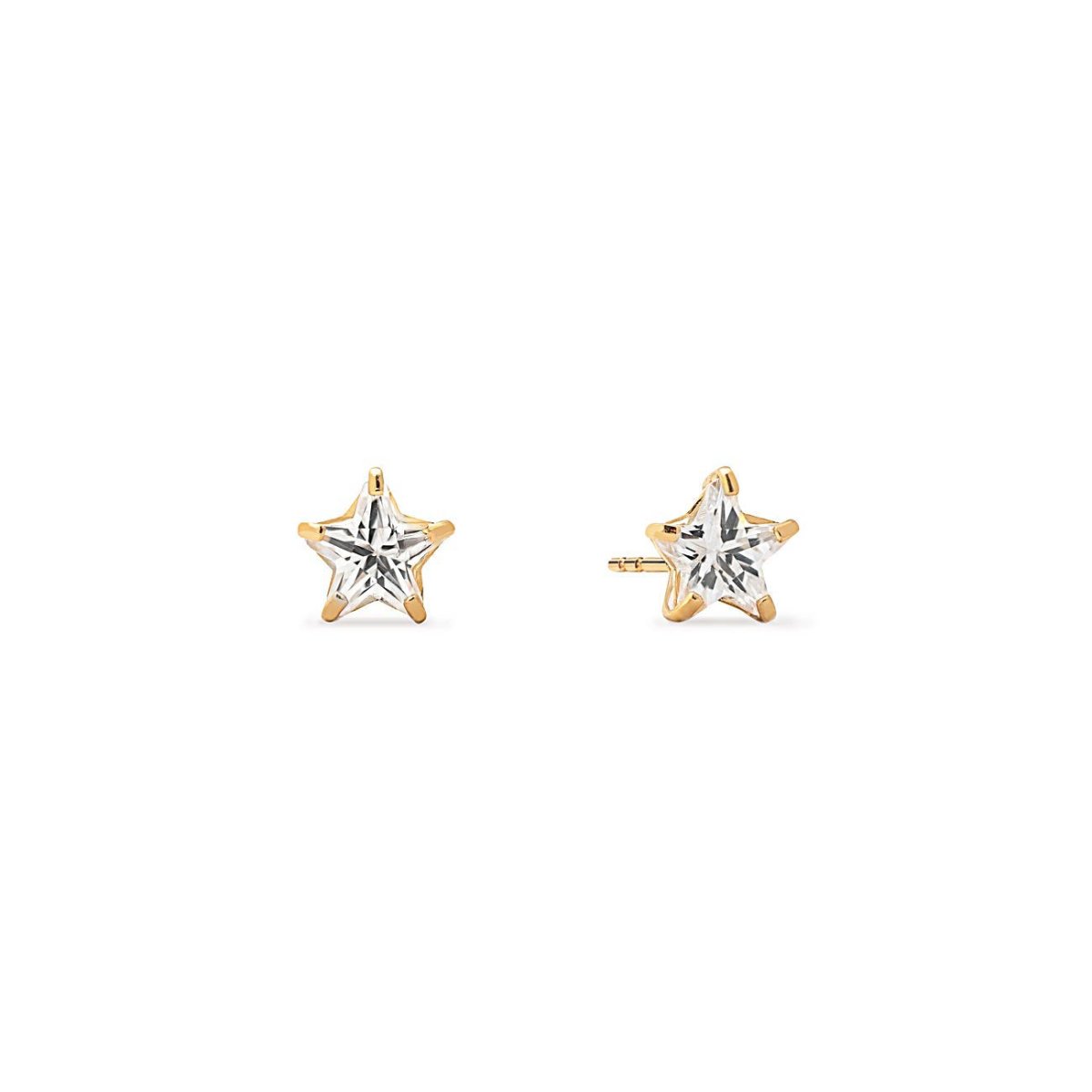 Pair of 14K gold star studs with faceted clear zirconia stones, on a white background