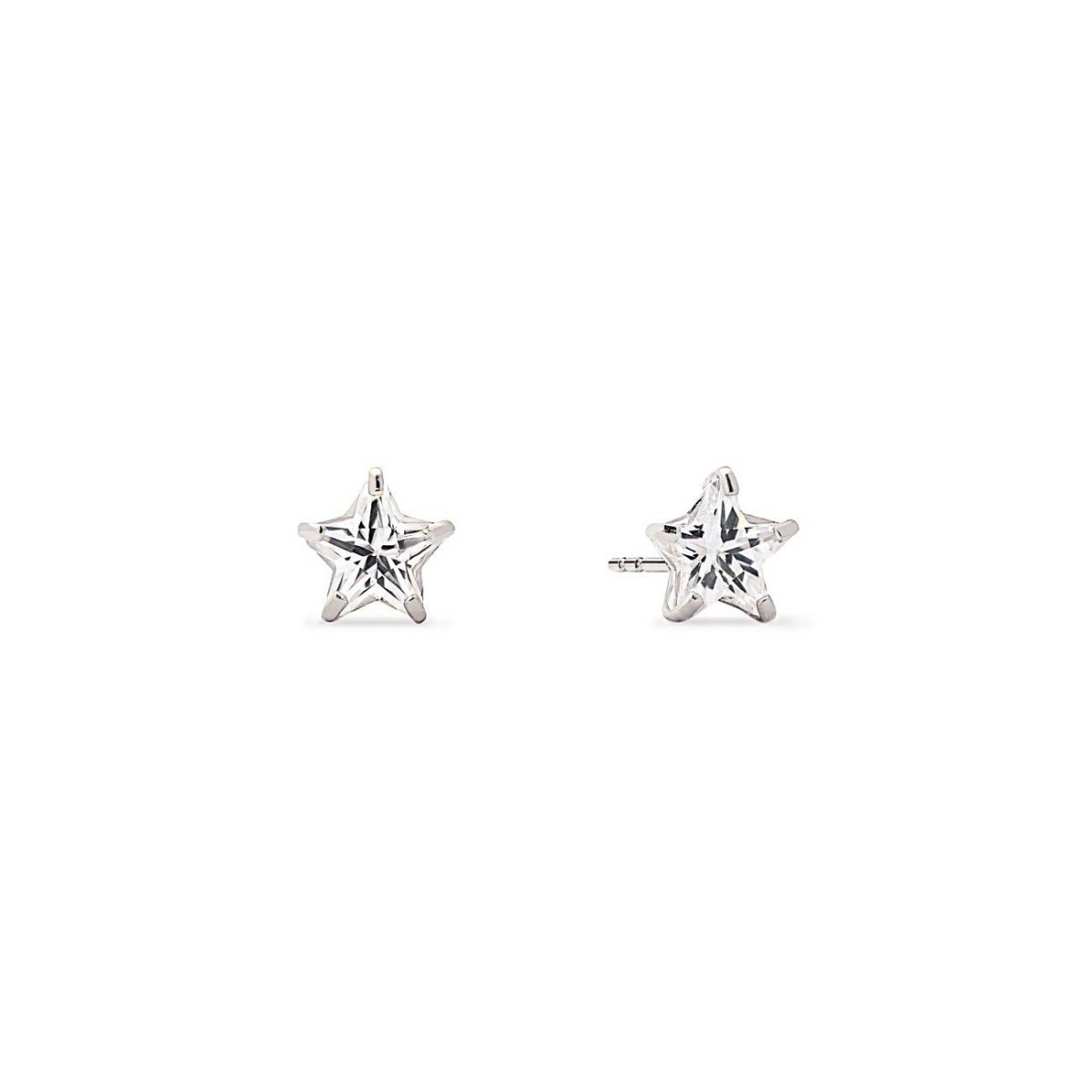 Pair of 14K white gold star studs with faceted clear zirconia stones, on a white background