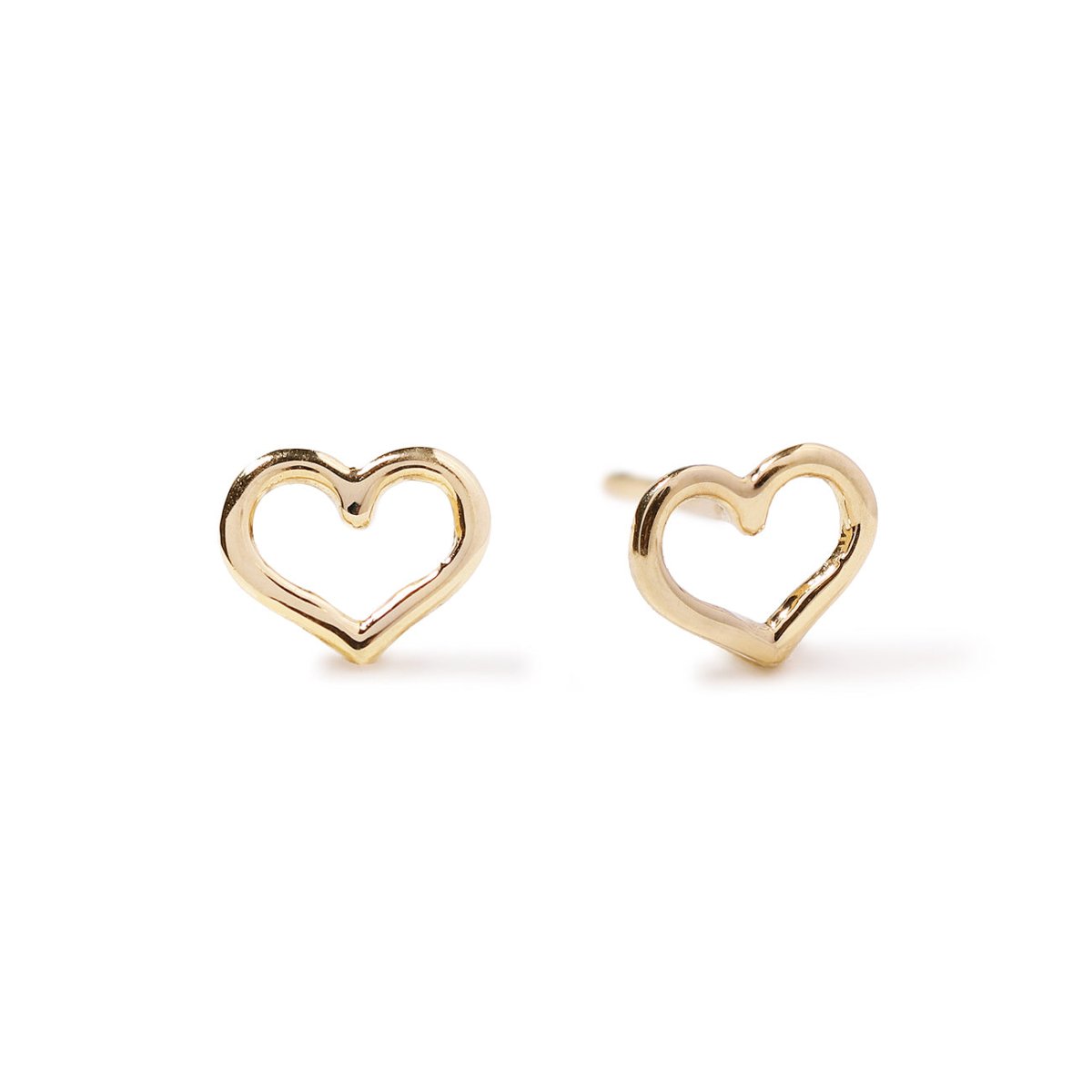 Pair of 14K gold open heart outline stud earrings on a white background