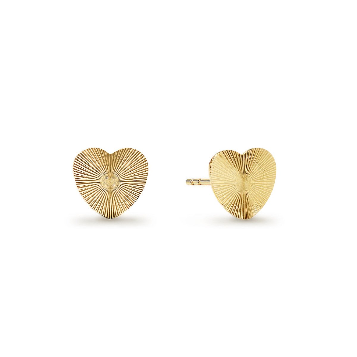14K gold heart stud earrings with a radiating sunburst texture, on a white background