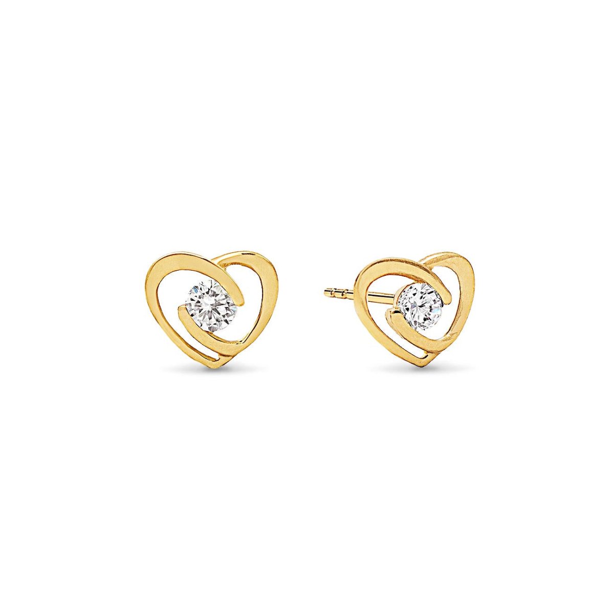 Pair of 14K gold heart outline studs with a round clear white zirconia center, on a white background