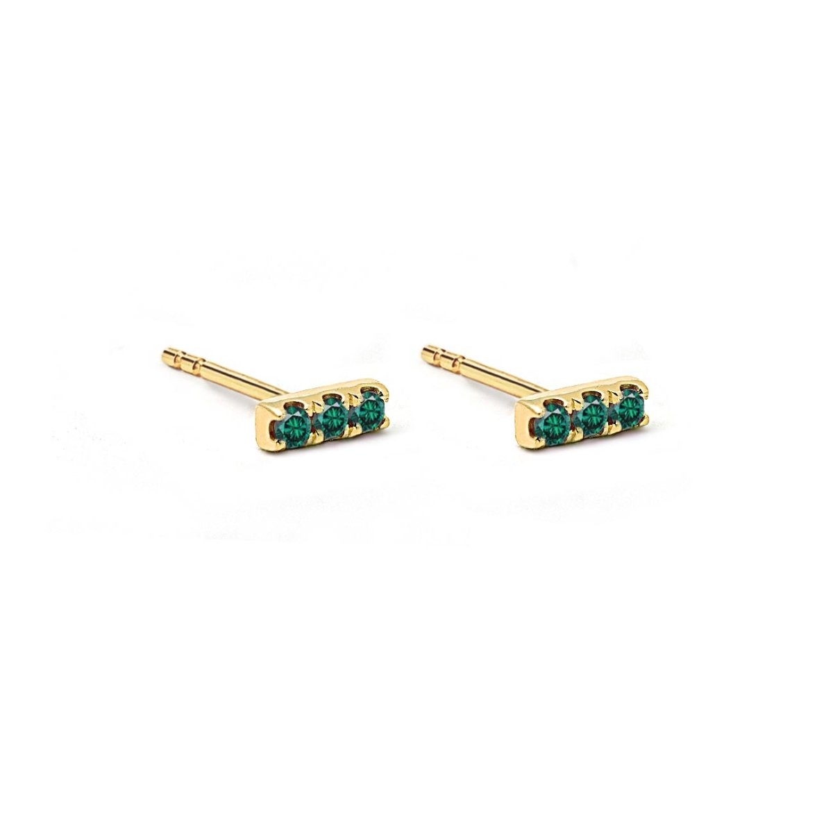 Pair of 14K gold three-stone emerald bar studs with round green stones, on a white background