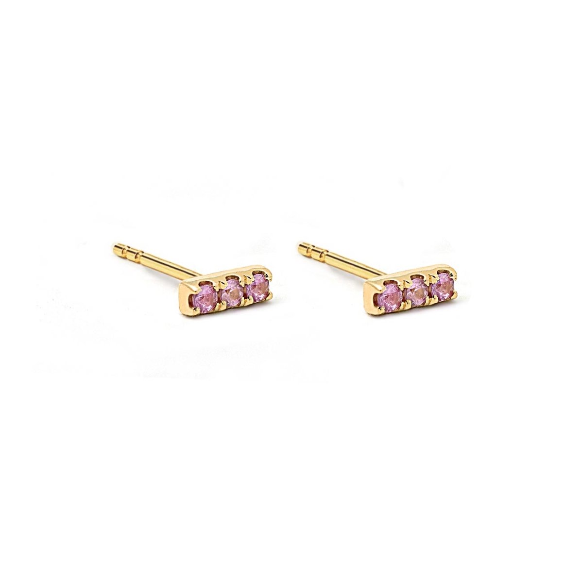 14K gold pink sapphire bar studs with three round pink stones, on a white background