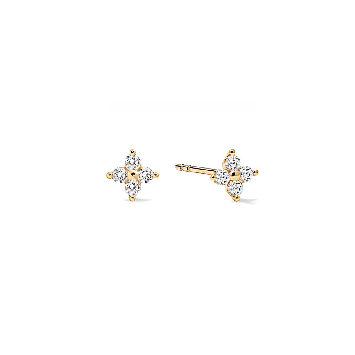 Pair of 14K gold pavé four-petal flower studs with clear stones, on a white background