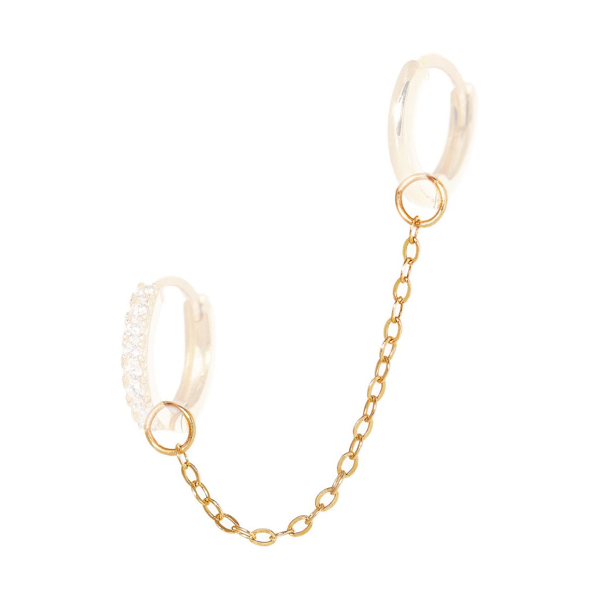 14K gold double huggie hoops linked by a chain, one pavé set, on a white background