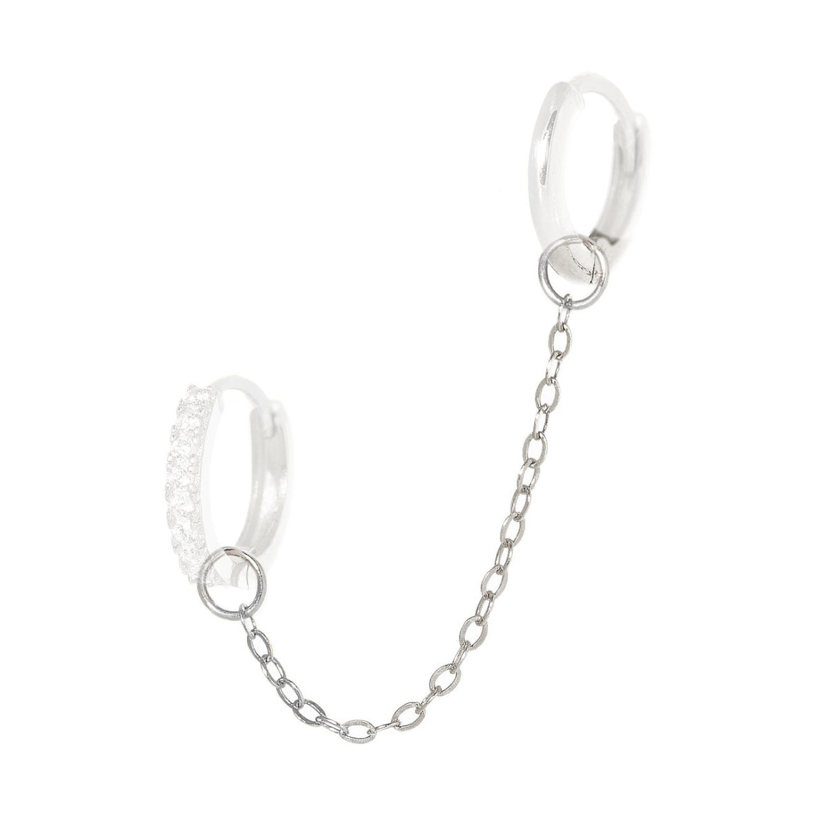 14K white gold double huggie hoops linked by a chain, one pavé set, on a white background