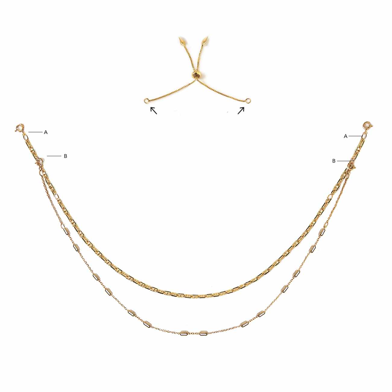 Gold vermeil extender shown with a two-strand layered necklace, on a white background