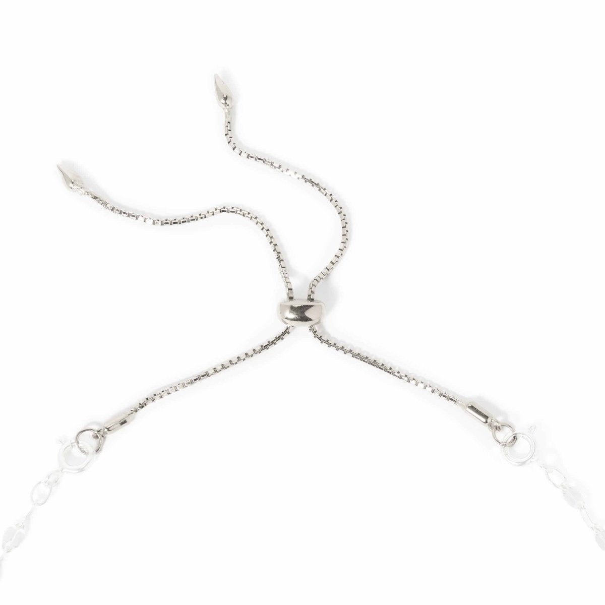 Sterling silver box-chain necklace extender with a slider bead and spring-ring clasps, on a white background