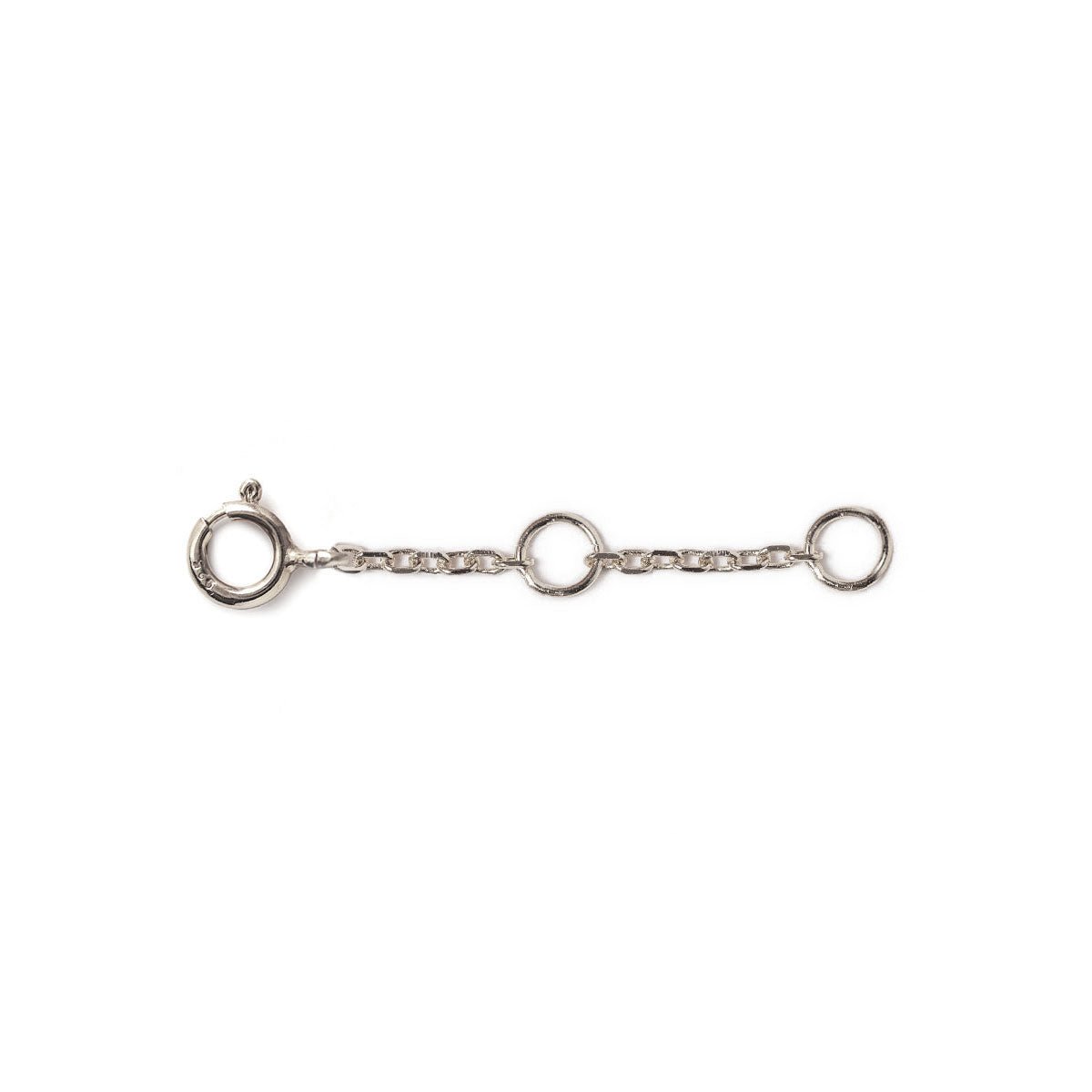 Sterling silver bracelet chain extender with a spring-ring clasp, on a white background