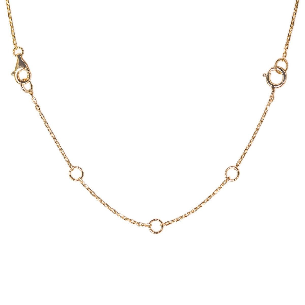 Gold vermeil extender chain with lobster and spring-ring clasps and adjustable rings, on a white background
