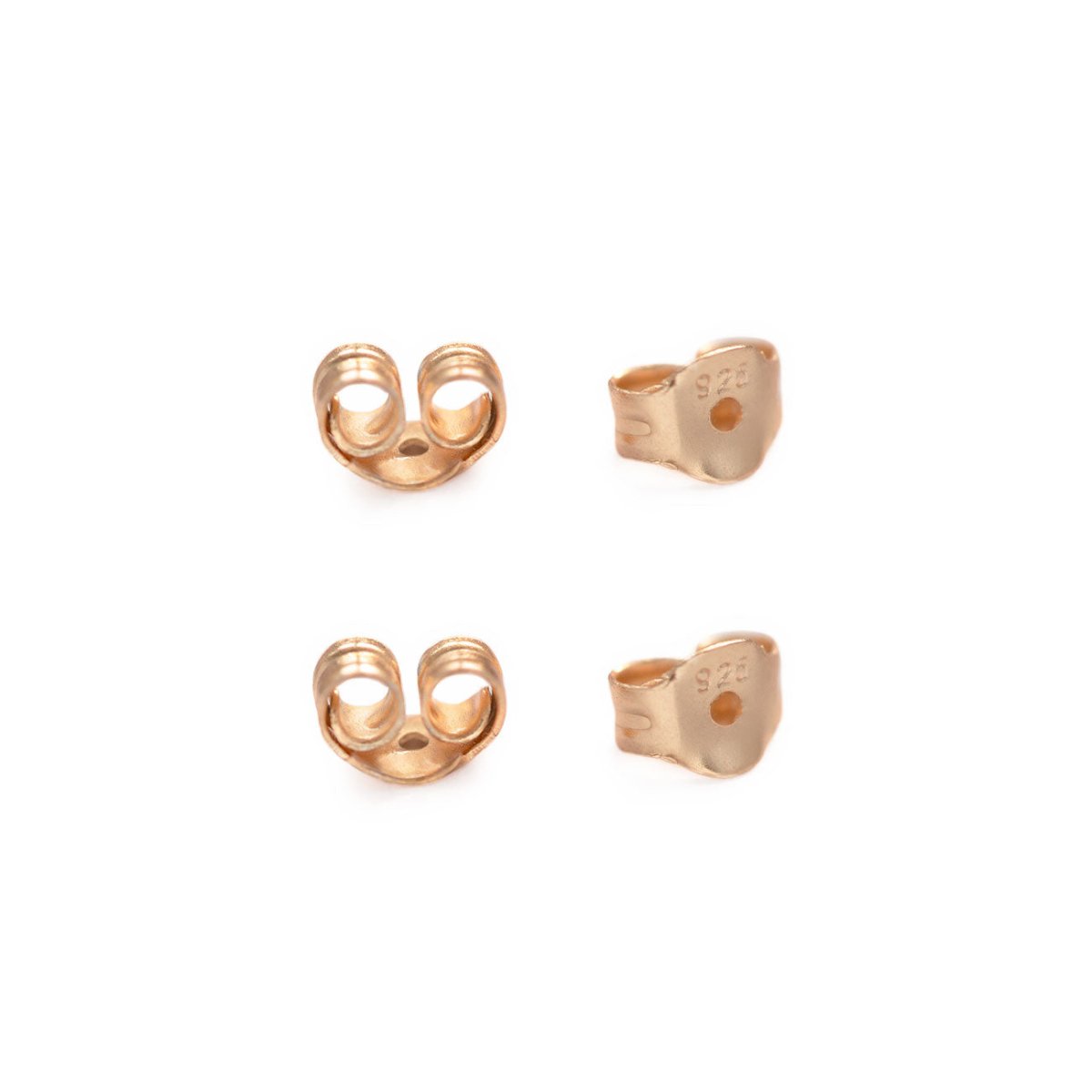 Pair of rose gold butterfly earring backs, shown front and side on a white background