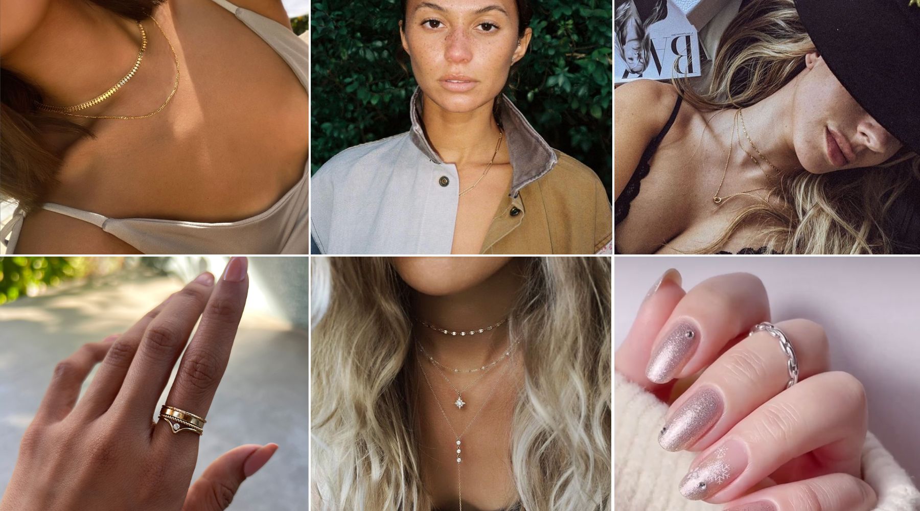 Collage of six photos of women wearing dainty gold and silver jewelry