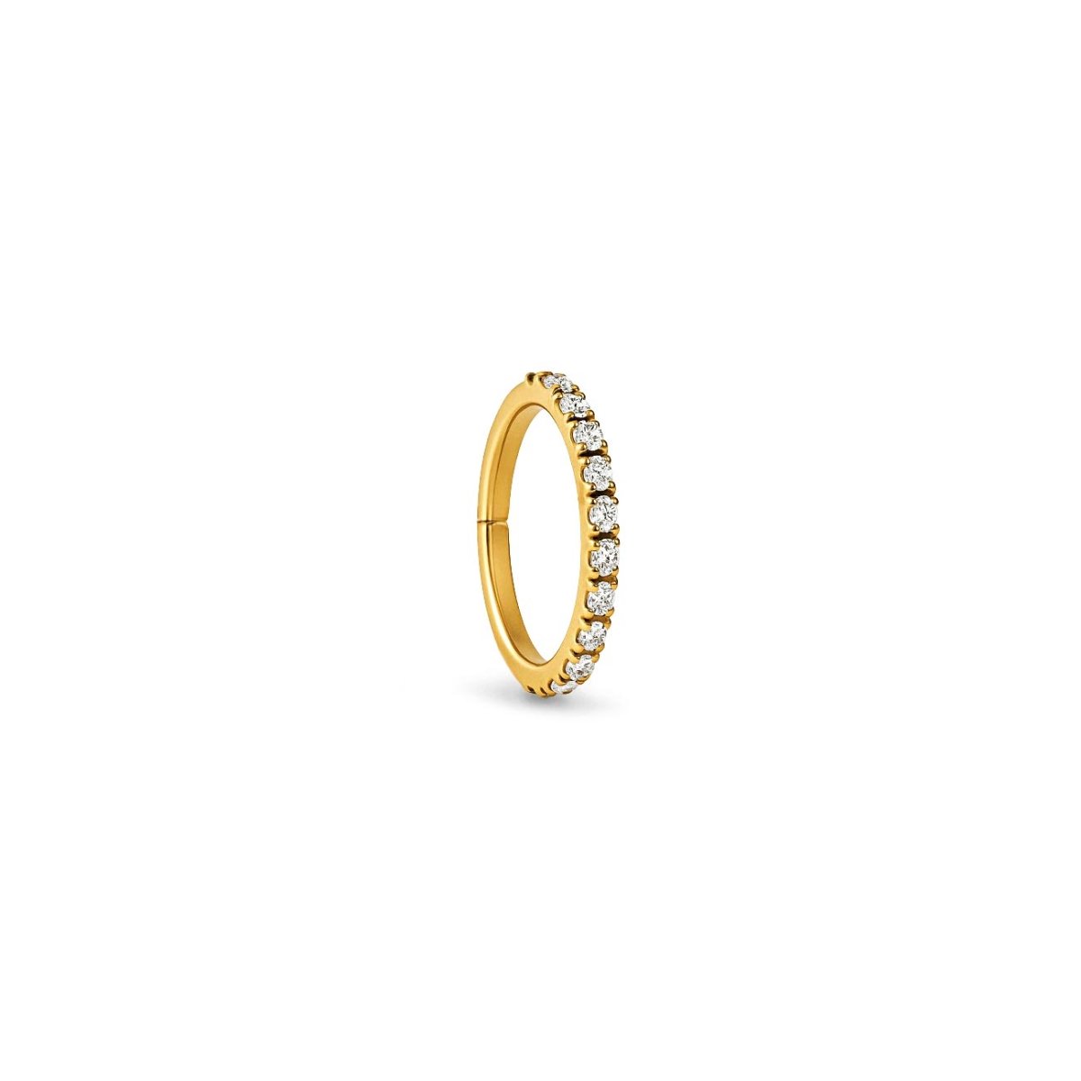 Gold titanium pavé clicker hoop earring set with round white zirconia stones, on a white background