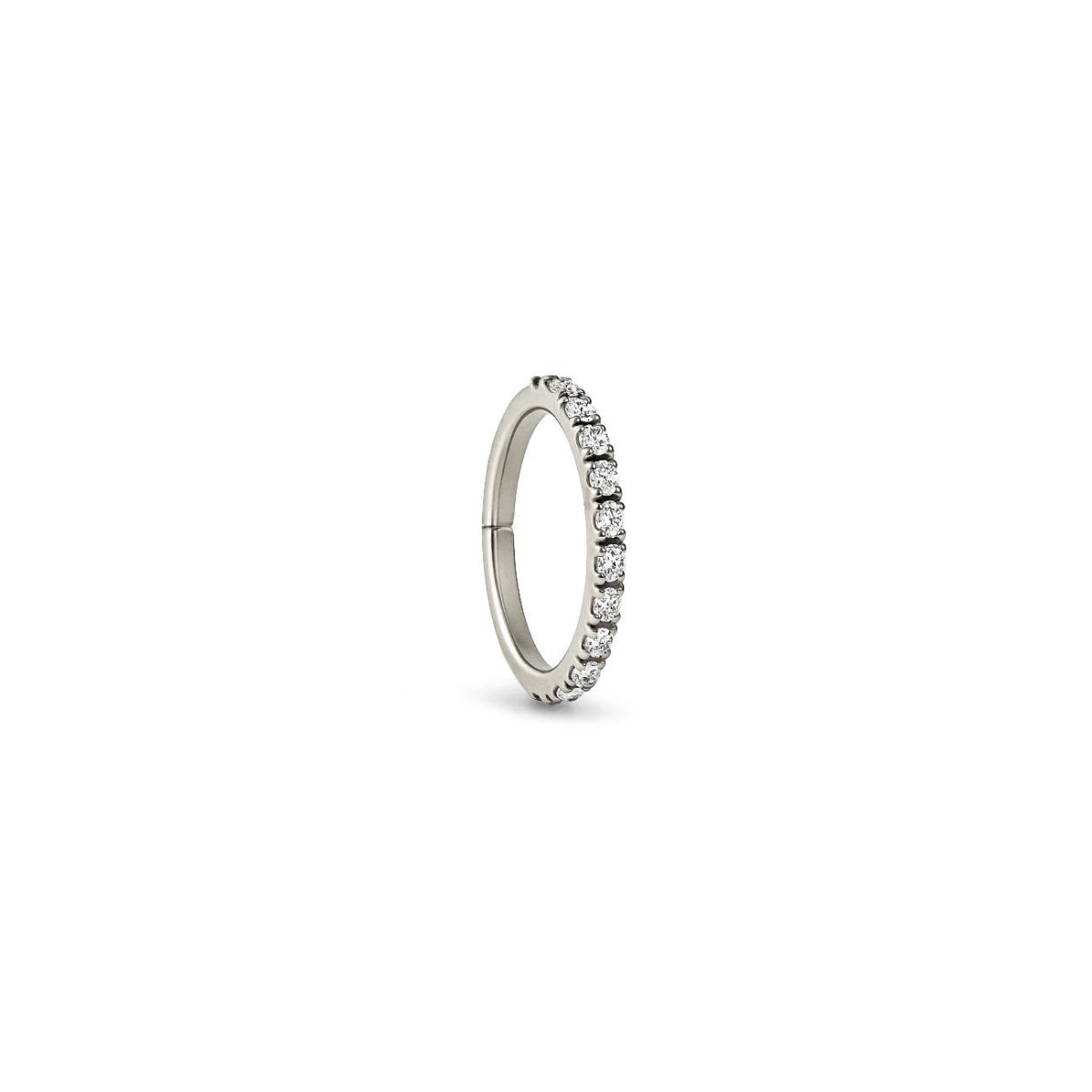 Titanium pavé clicker hoop earring set with round white zirconia stones, on a white background