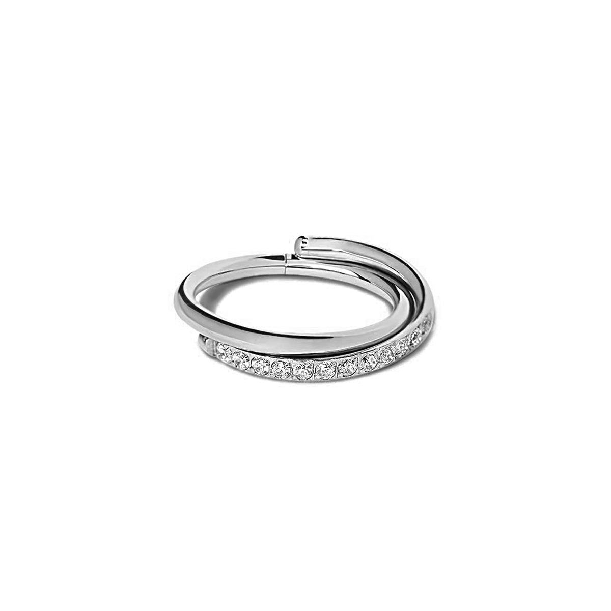 Titanium criss cross pavé cartilage clicker hoop with clear stones, on a white background