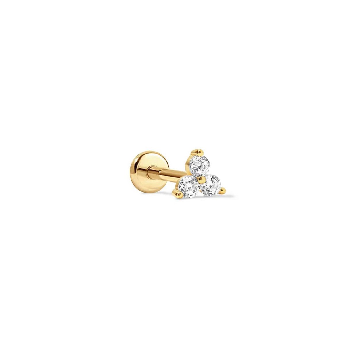 Gold vermeil flat back stud with a trio of white zirconia stones, on a white background