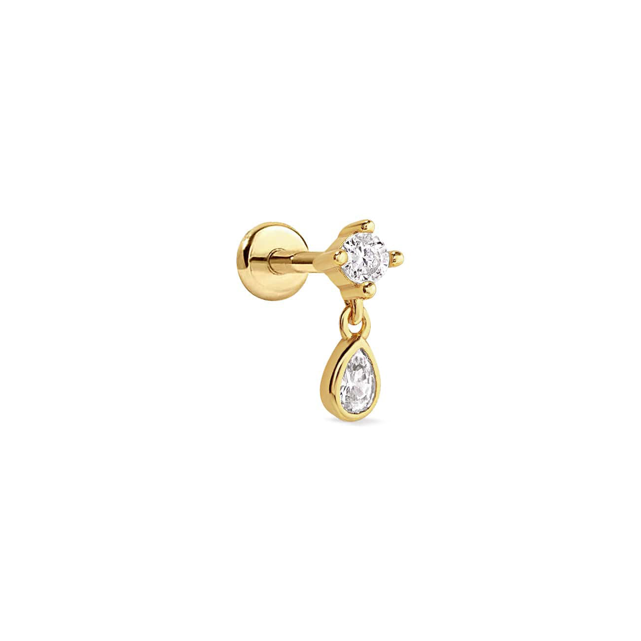 Gold vermeil flat back stud with a round stone and dangling pear clear stone, on a white background