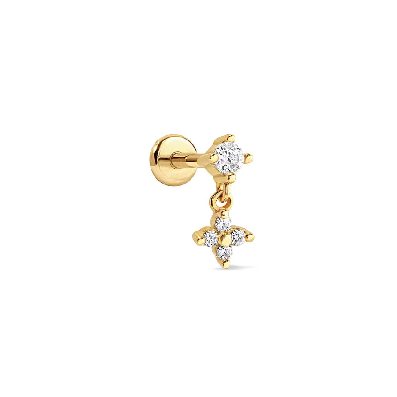 Gold vermeil flat back stud with a clear zirconia accent and dangling four-stone zirconia flower charm, on a white background