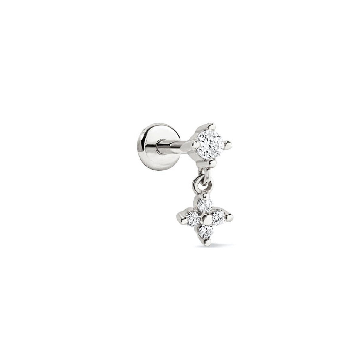 Sterling silver flat back stud with an accent stone and a dangling four-stone zirconia flower charm, on a white background