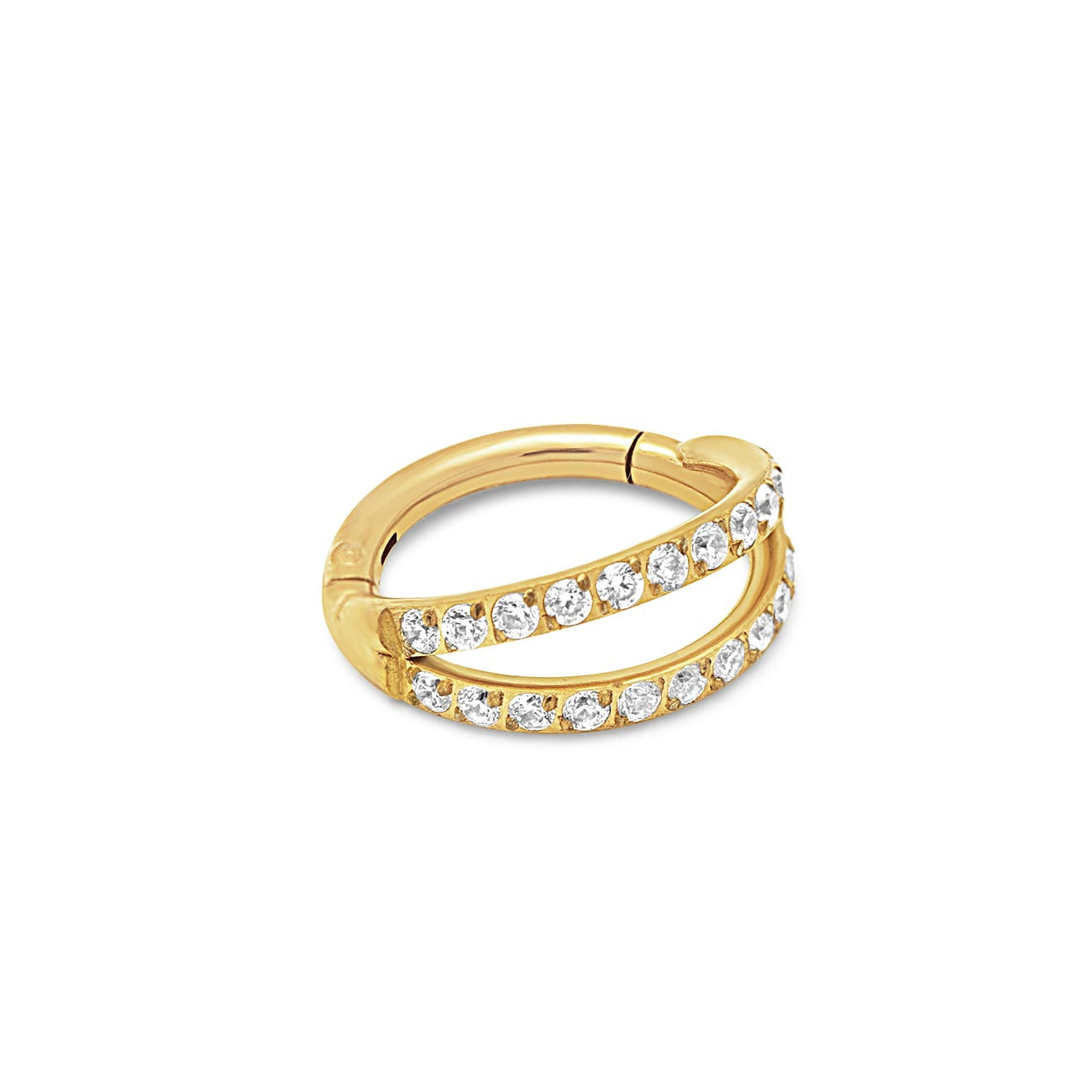 Gold titanium double pavé hoop earring with two rows of white zirconia, on a white background