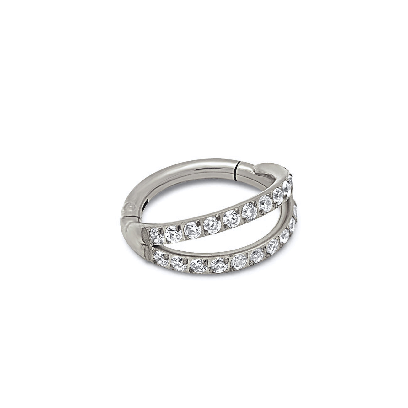 Titanium double pavé hoop earring with two rows of white zirconia, on a white background