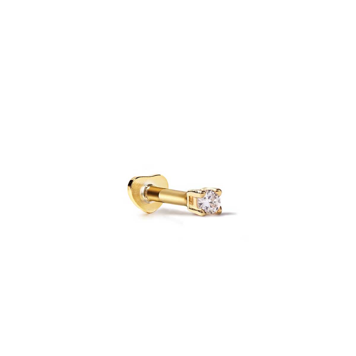 Gold vermeil flat back stud with a clear prong-set stone, on a white background