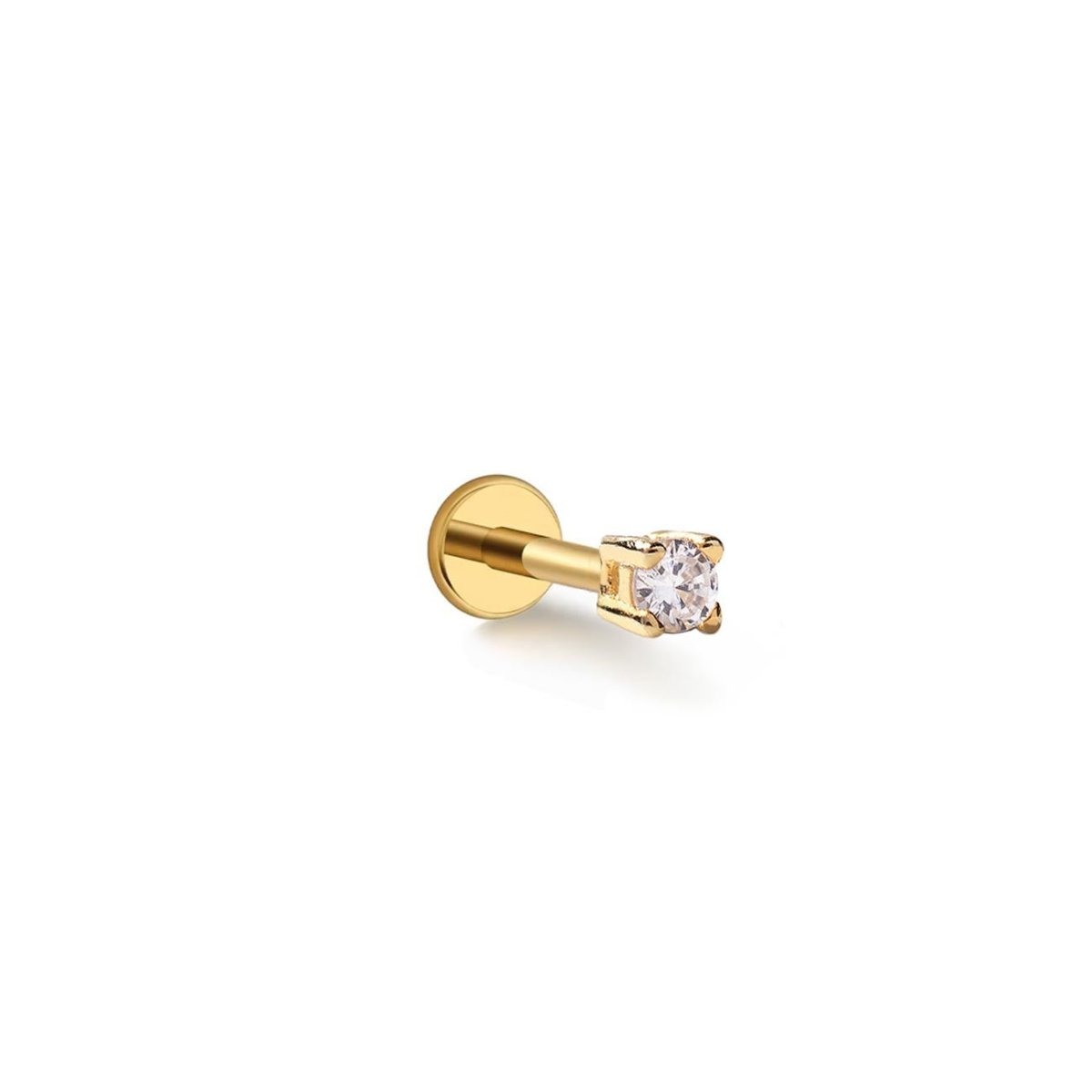 Gold flat back stud with a clear prong-set stone, on a white background