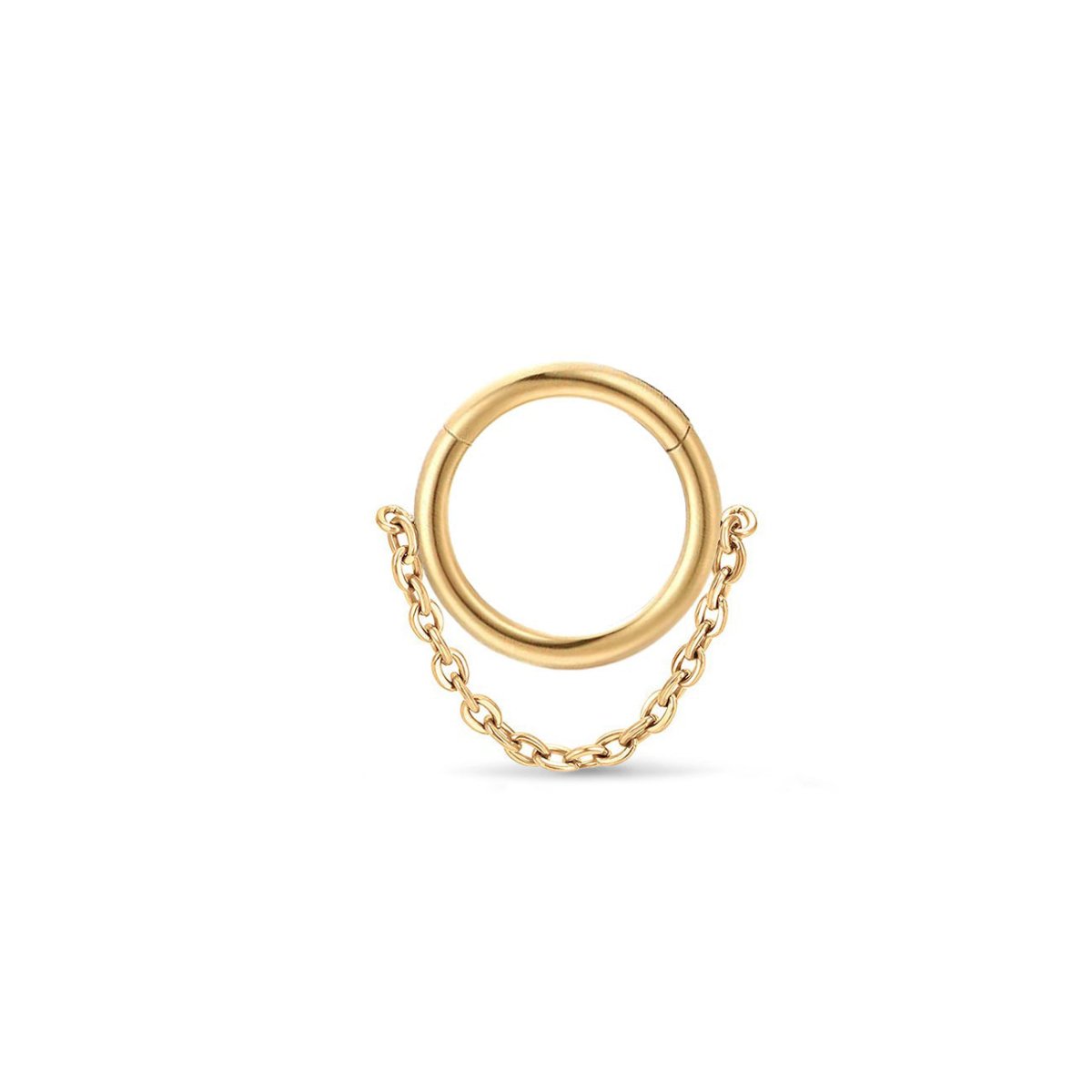 Gold titanium seamless clicker hoop with a draped chain, on a white background
