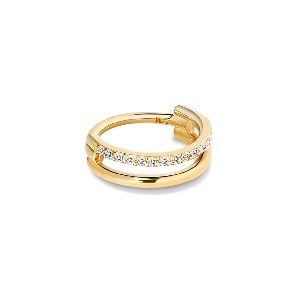Gold titanium double hoop pavé cartilage earring with white zirconia and a clicker closure, on a white background
