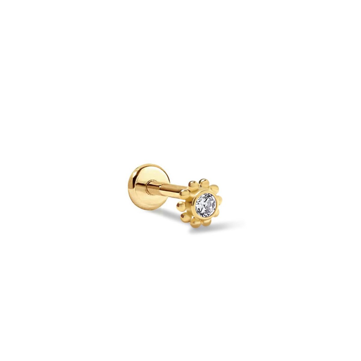 Gold vermeil flat back beaded halo stud with a round clear stone, on a white background