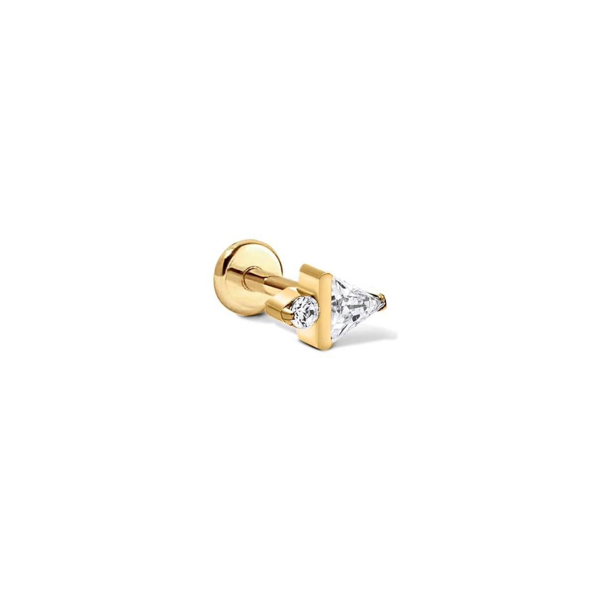 Gold titanium triangle flat back stud with clear stones and a screw post, on a white background