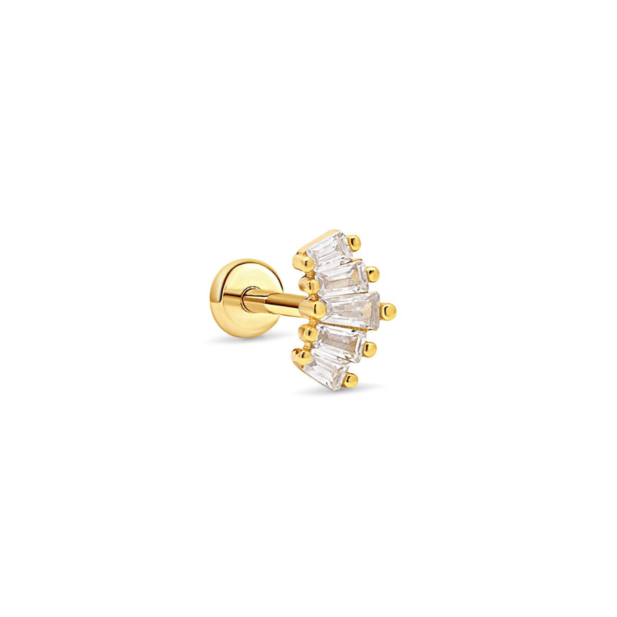 Gold vermeil flat back stud with stacked clear baguette stones, on a white background