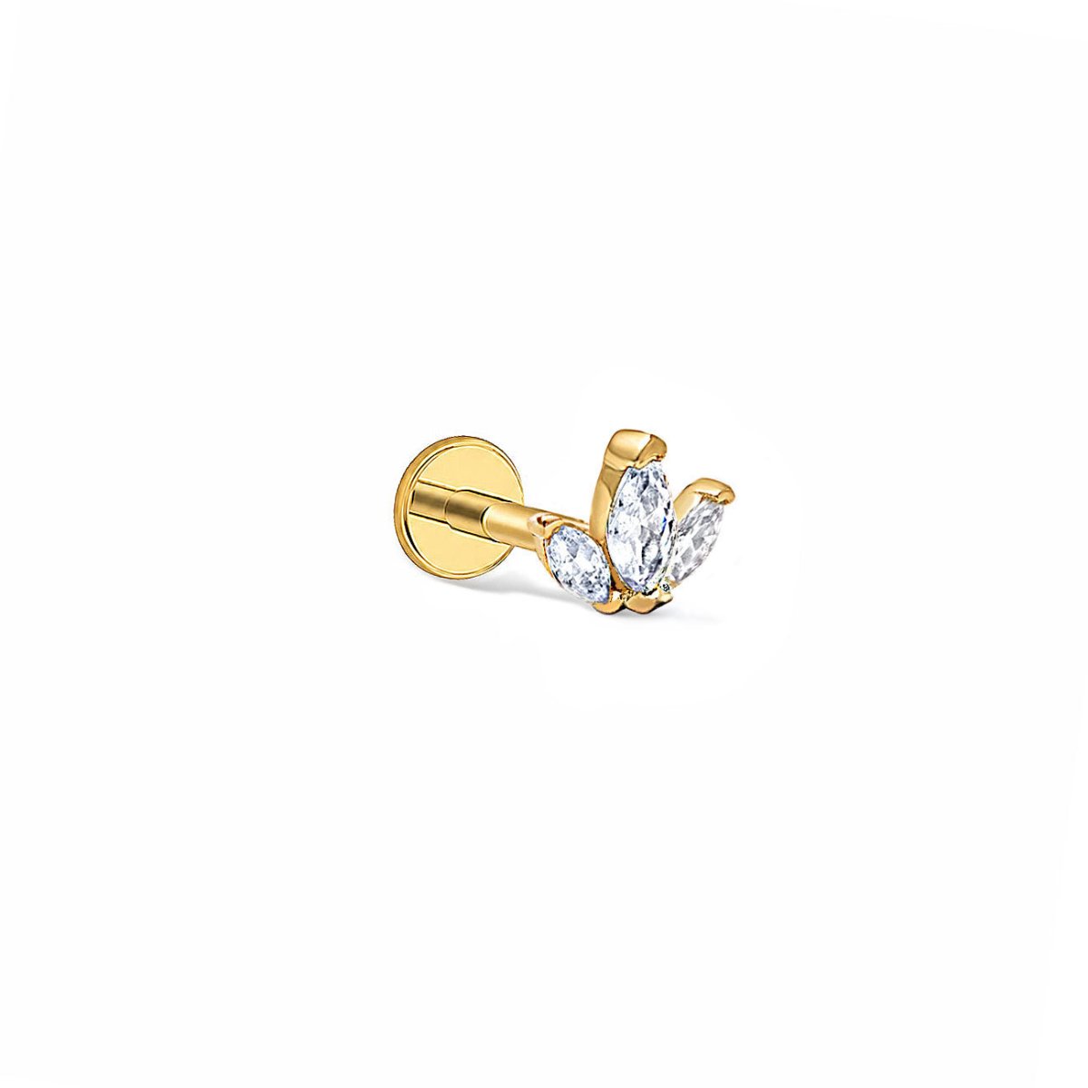 Gold titanium trio marquise flat back stud earring, on a white background