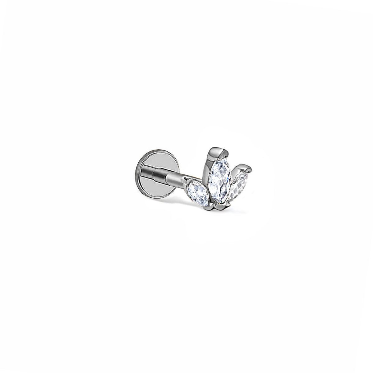Titanium trio marquise flat back stud earring, on a white background