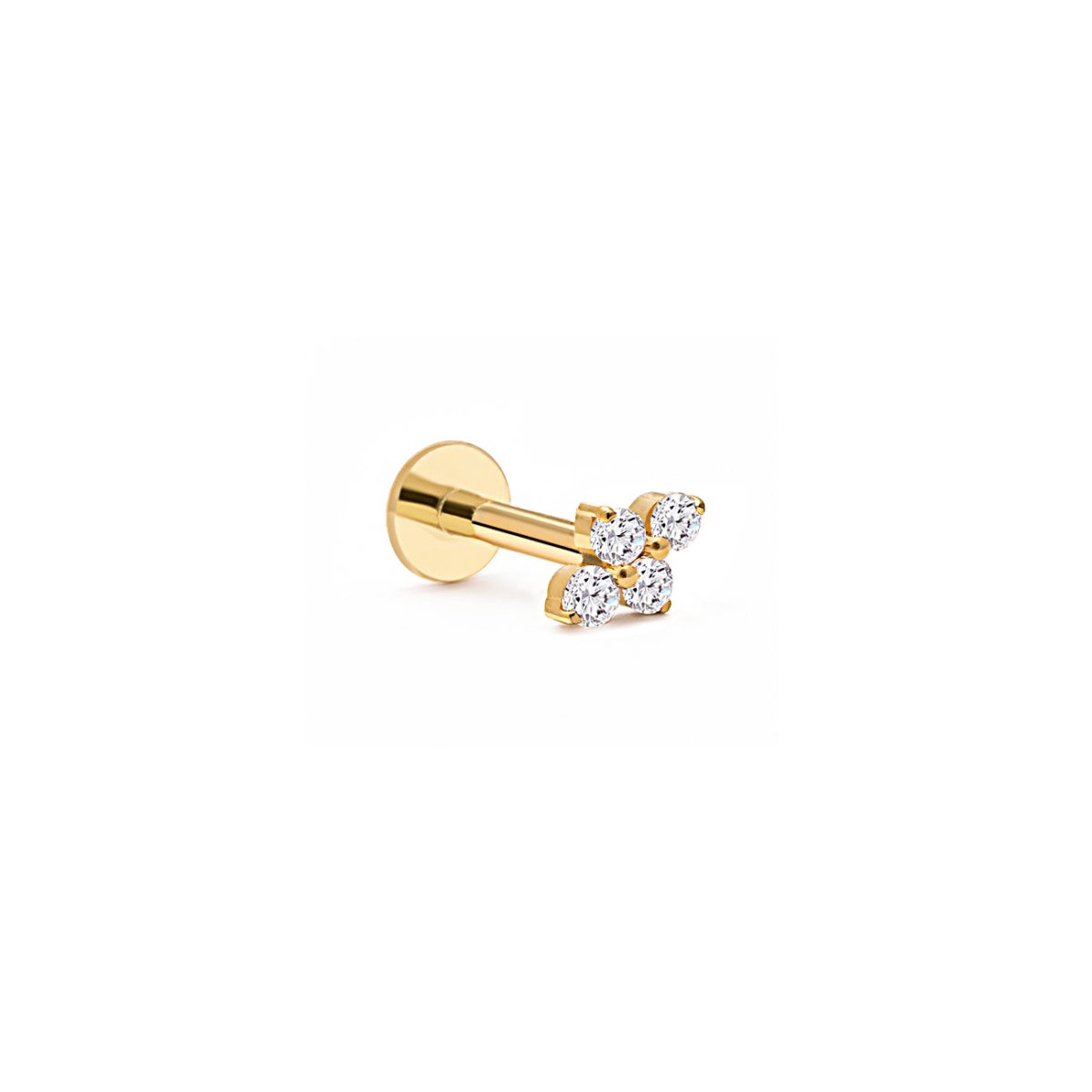 Gold titanium flat back stud with a four clear zirconia cluster top, on a white background