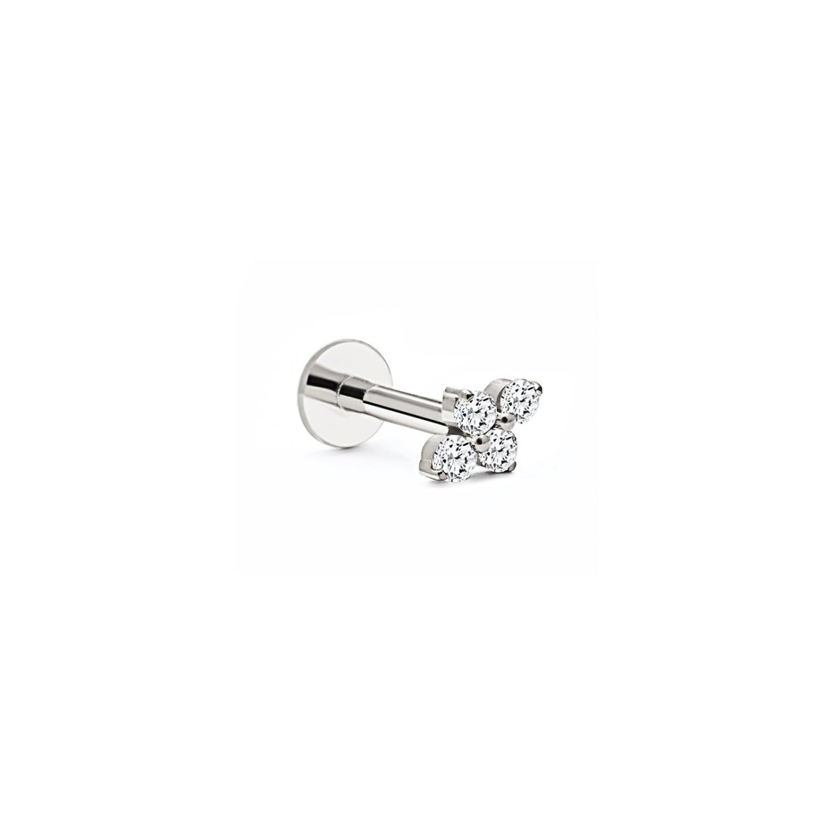 Titanium flat back stud with a four clear zirconia cluster top, on a white background