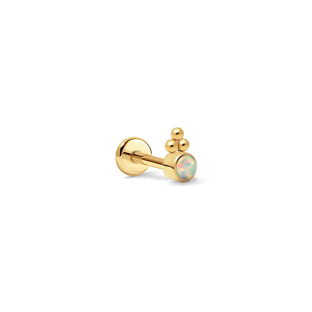 Gold titanium flat back stud with a light blue opal and beaded cluster, on a white background