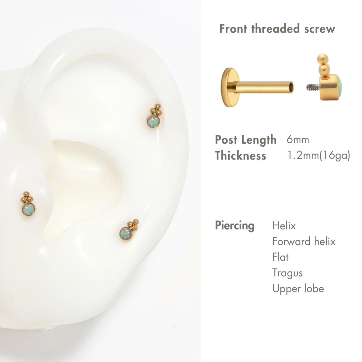Gold titanium flat back stud with a light blue opal and bead trio, shown on a model's ear with a size guide