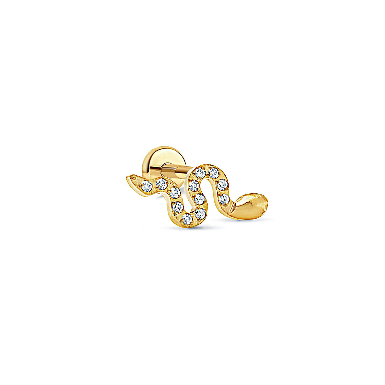 Gold titanium pavé serpent flat back stud with clear stones, on a white background