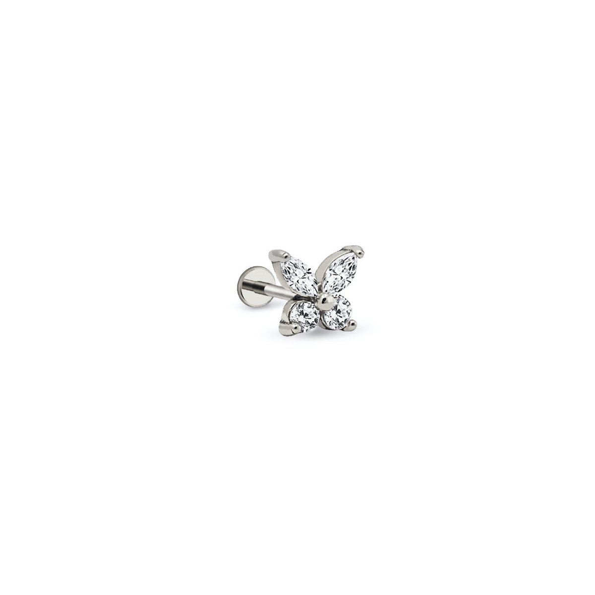 Titanium butterfly flat back stud with clear marquise and round stones, on a white background