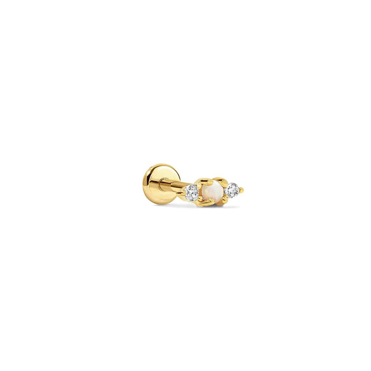 Gold vermeil flat back stud with a white opal and two clear stones, on a white background