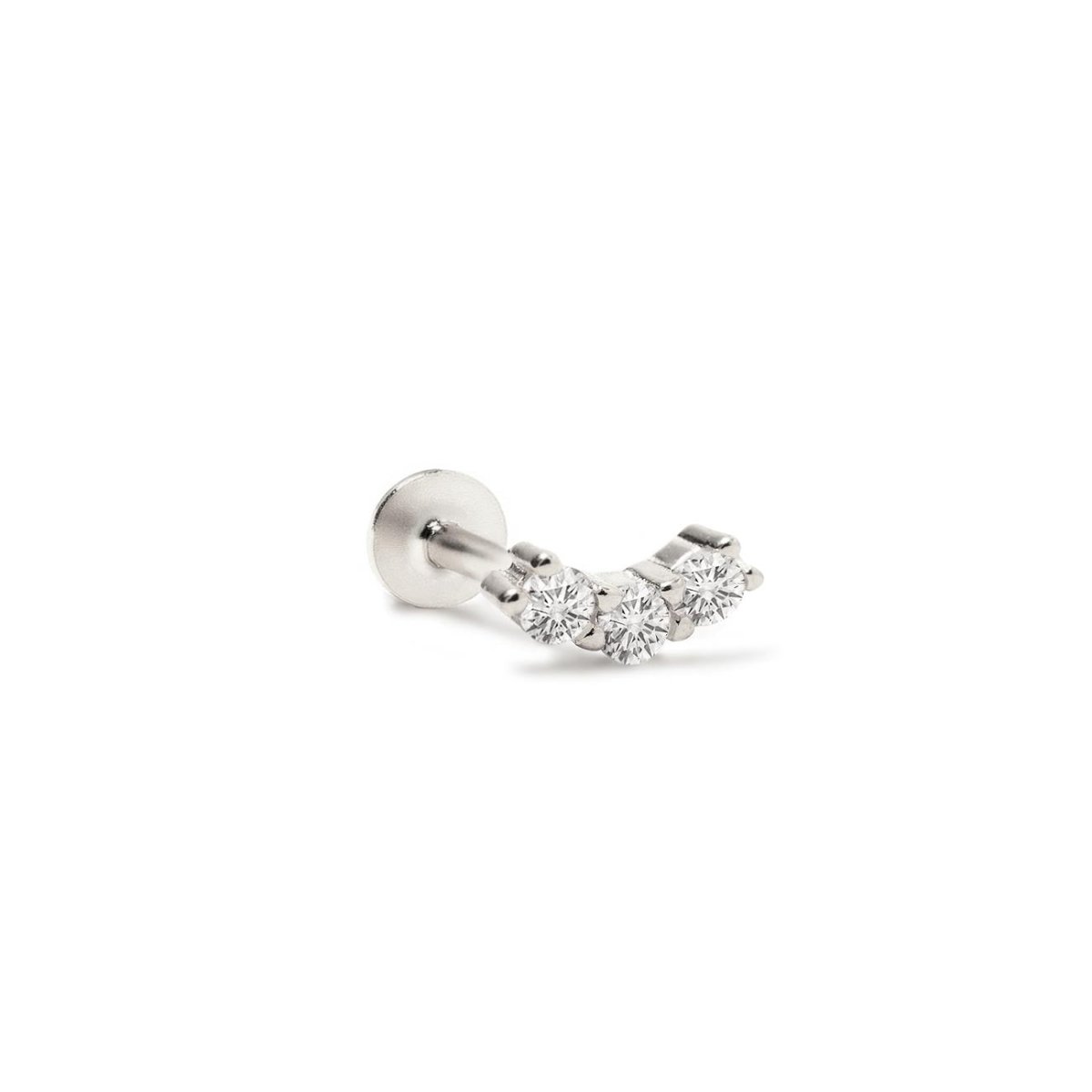 Sterling silver flat back stud with three curved round white zirconia stones, on a white background
