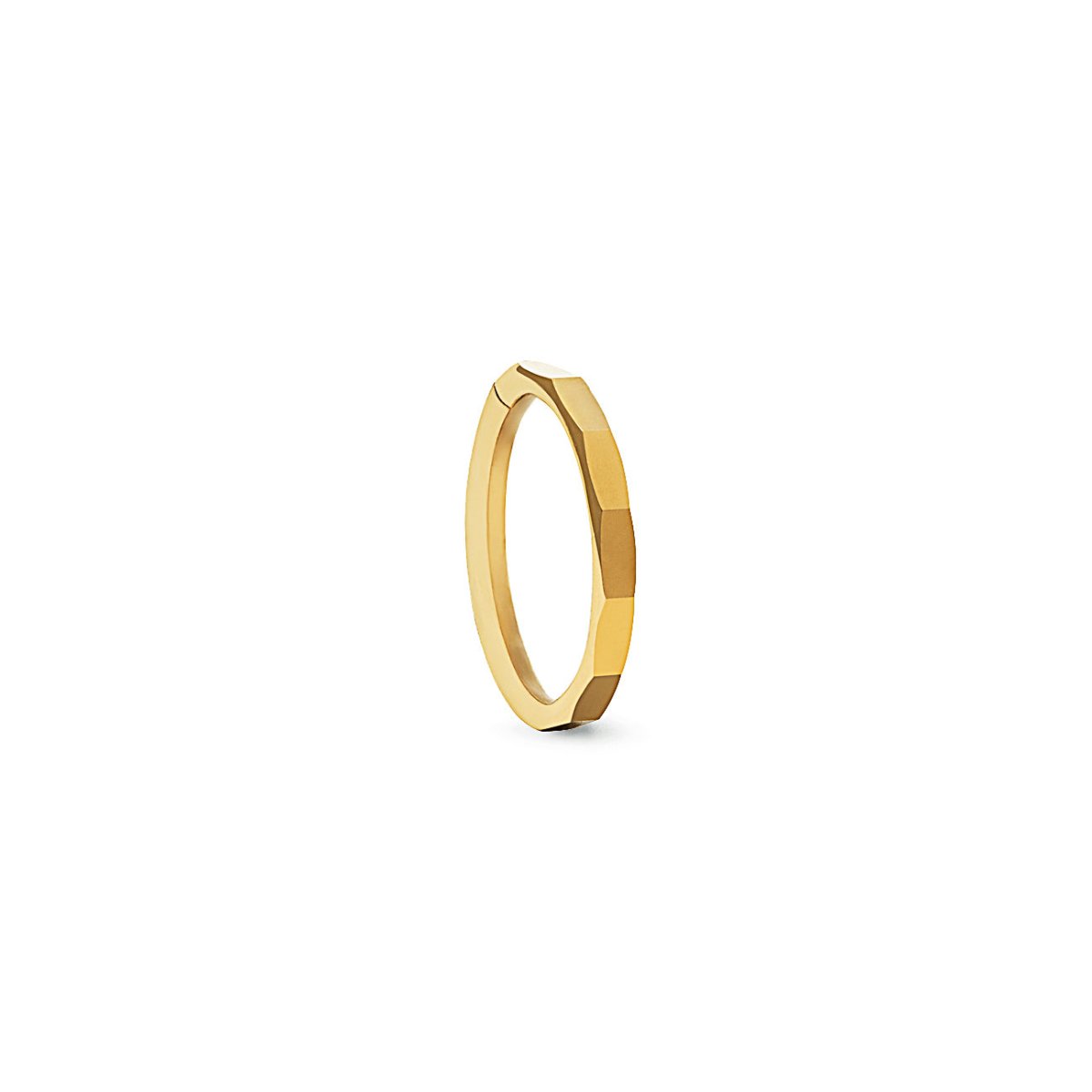 Gold titanium faceted clicker hoop earring with an angular faceted band, on a white background