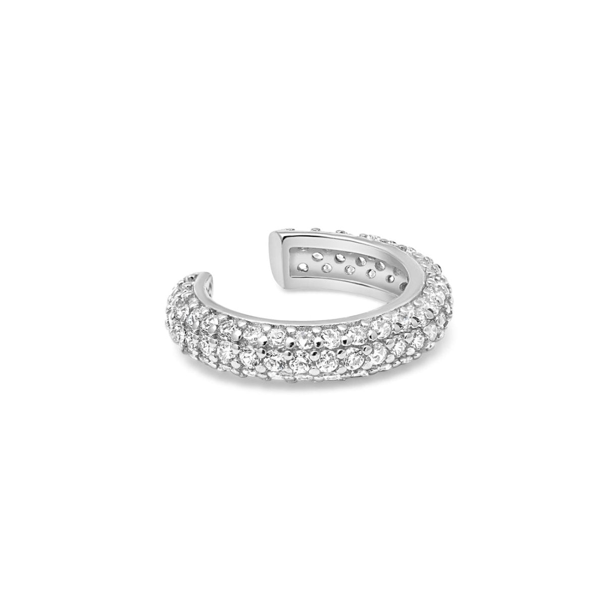 Sterling silver dome ear cuff pavé-set with clear white zirconia, on a white background