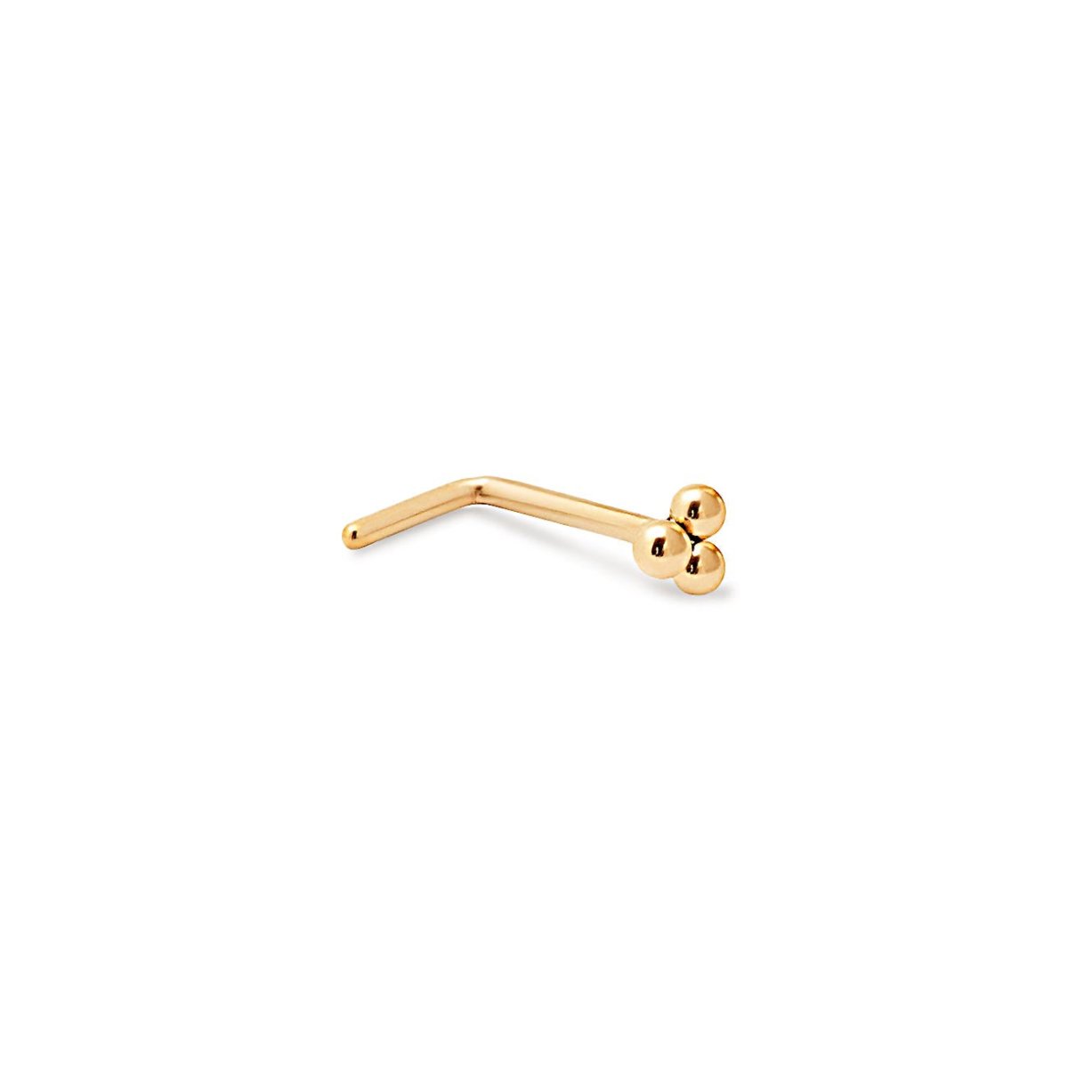 Gold titanium trinity-bead L-shaped nose stud shown on a white background