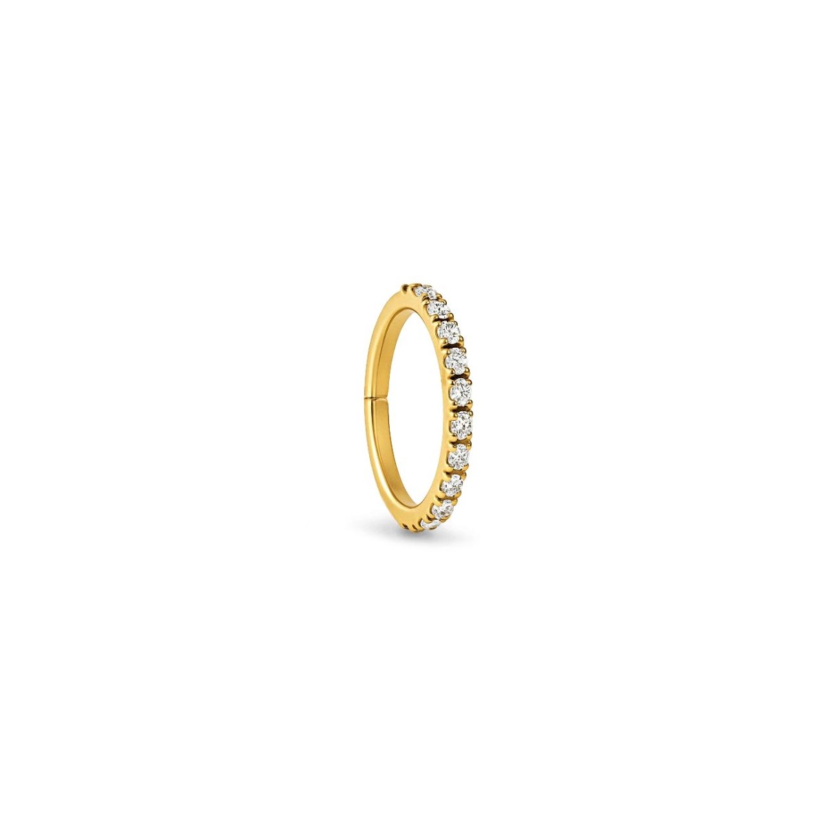 14K gold cartilage pavé clicker hoop set with white stones, on a white background