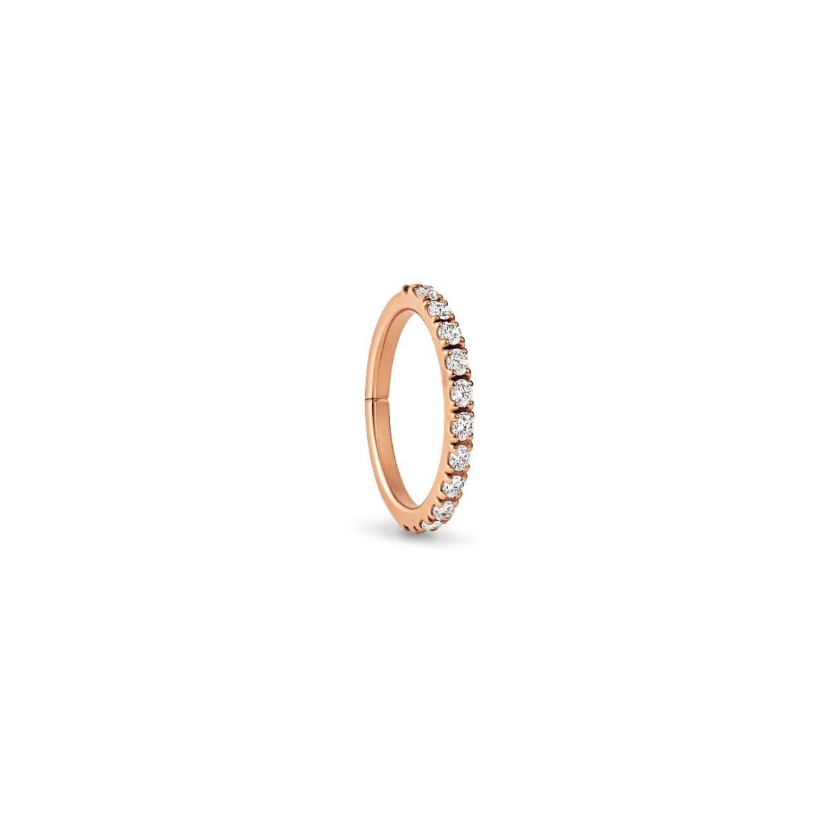 14K rose gold cartilage pavé clicker hoop set with white stones, on a white background