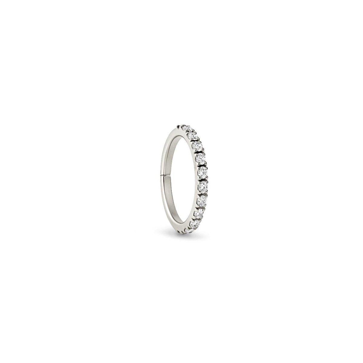 14K white gold pavé clicker hoop earring set with round white zirconia stones, on a white background