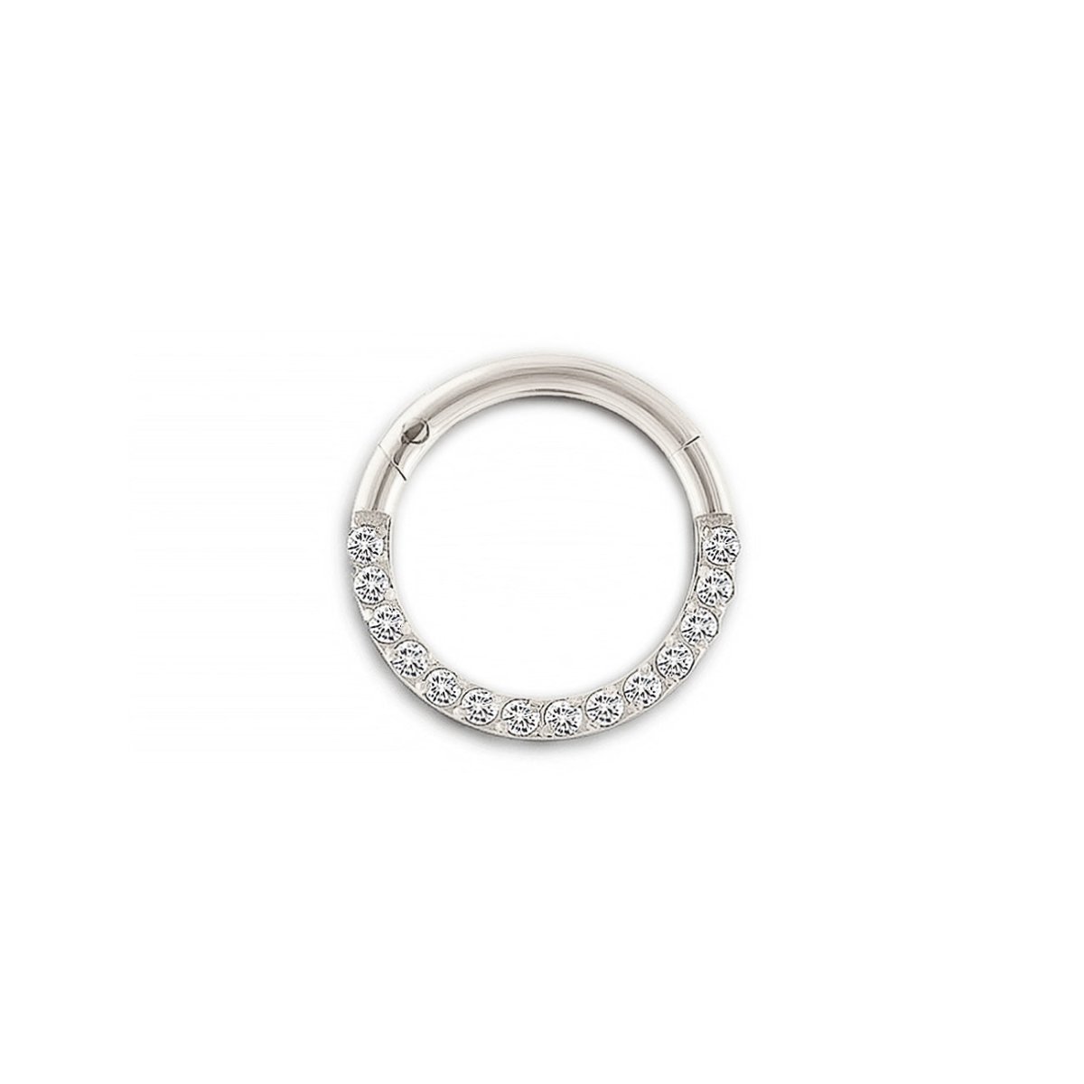 Sterling silver pavé seamless clicker hoop set with clear zirconia stones, on a white background
